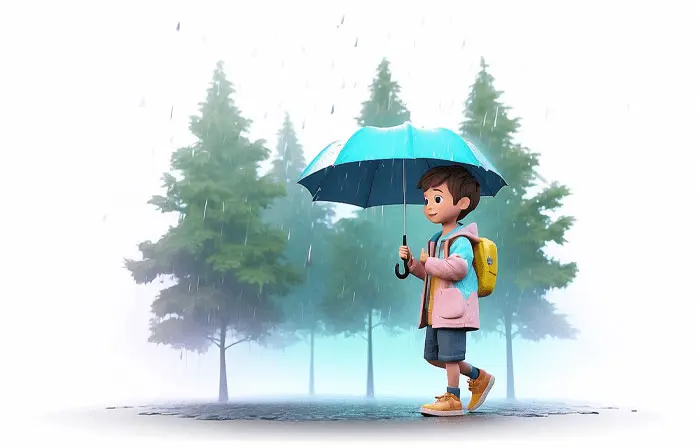 Boy in Rainy Season with Umbrella 3D Character Illustration